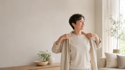 A calm adult in neutral clothing moving comfortably in a light, airy home setting.