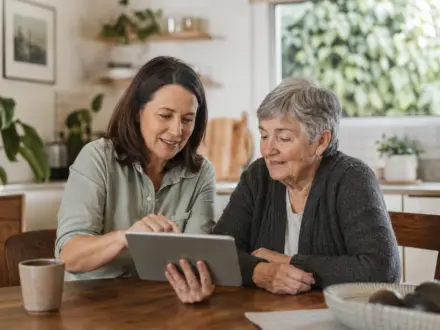 younger woman helping older woman with tablet at kitchen table