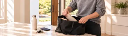 Person placing a small zip pouch into a tote bag on a kitchen bench beside keys, a phone and a water bottle.