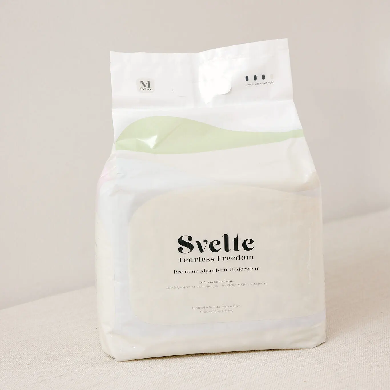 Svelte pull-up continence underwear pack standing upright on a neutral background.