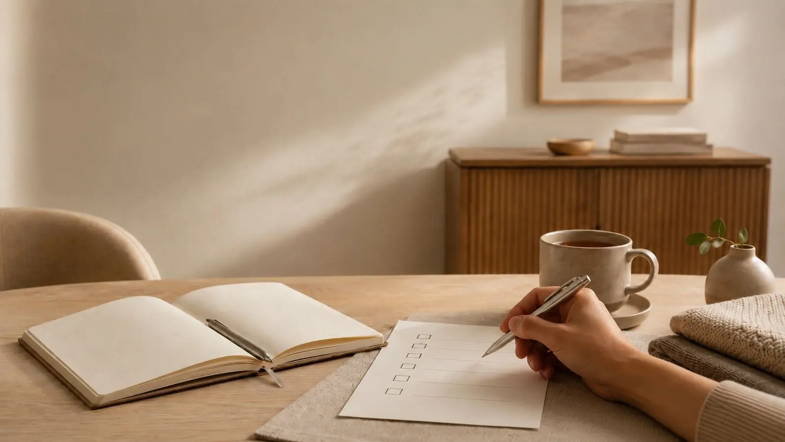 A calm home setting with a notebook, checklist, tea and folded textiles on a table.