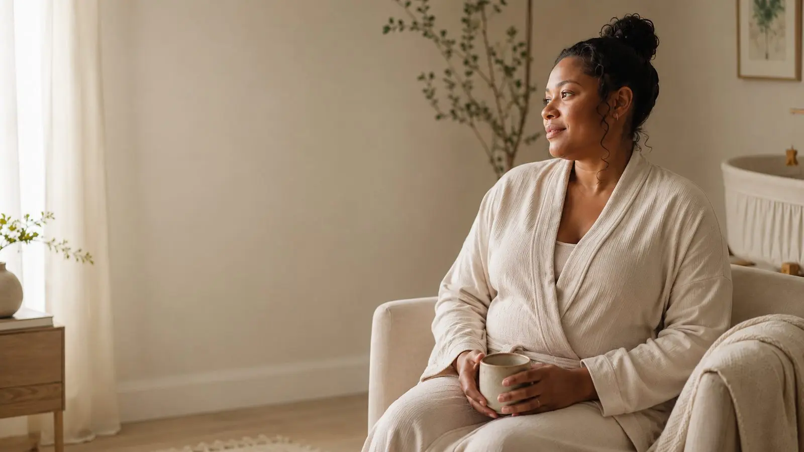 A woman in a soft robe holding a cup in a calm home setting with a bassinet in the background.