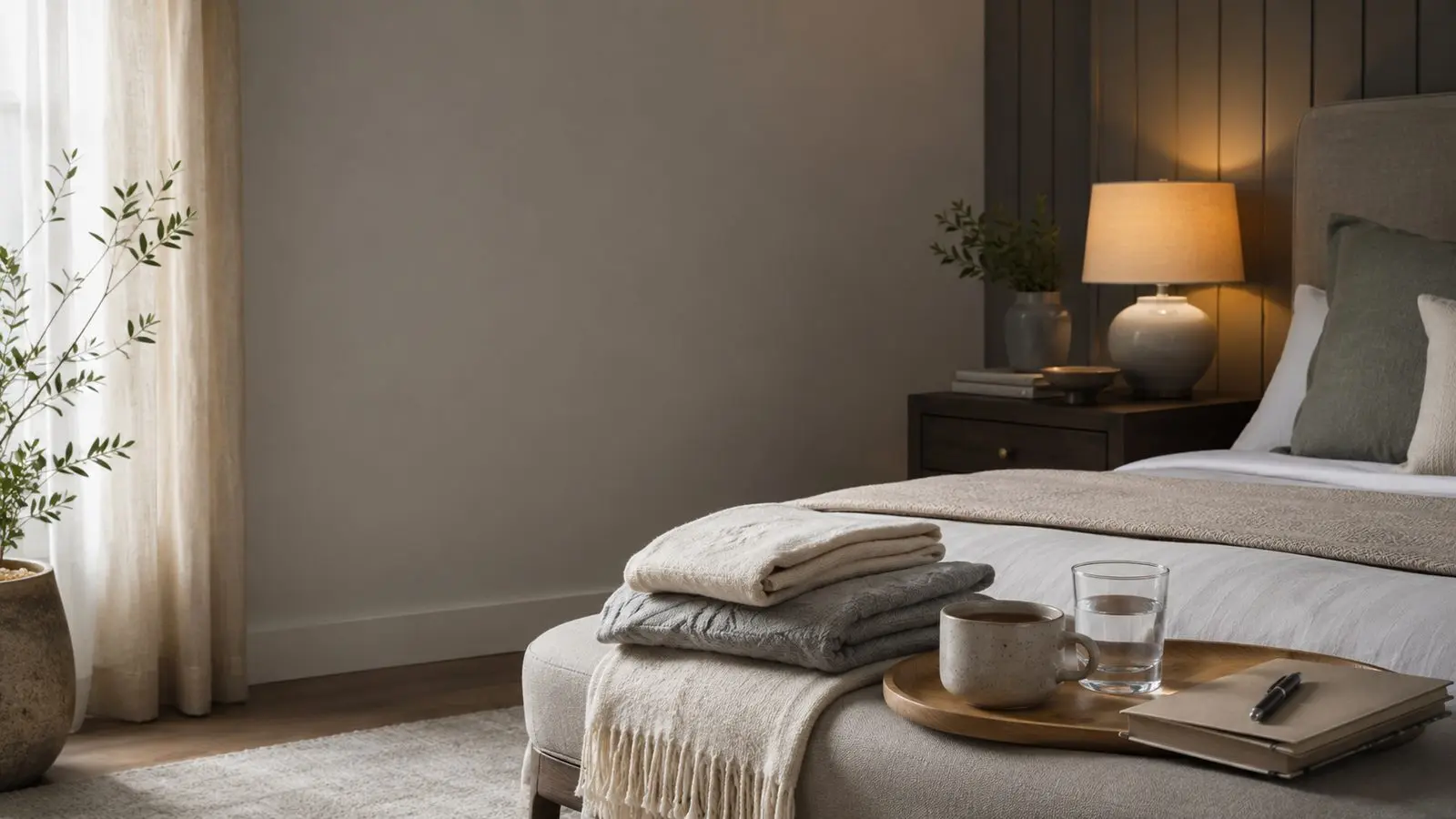 A calm bedroom setting with folded textiles, a lamp, a cup and a glass of water.