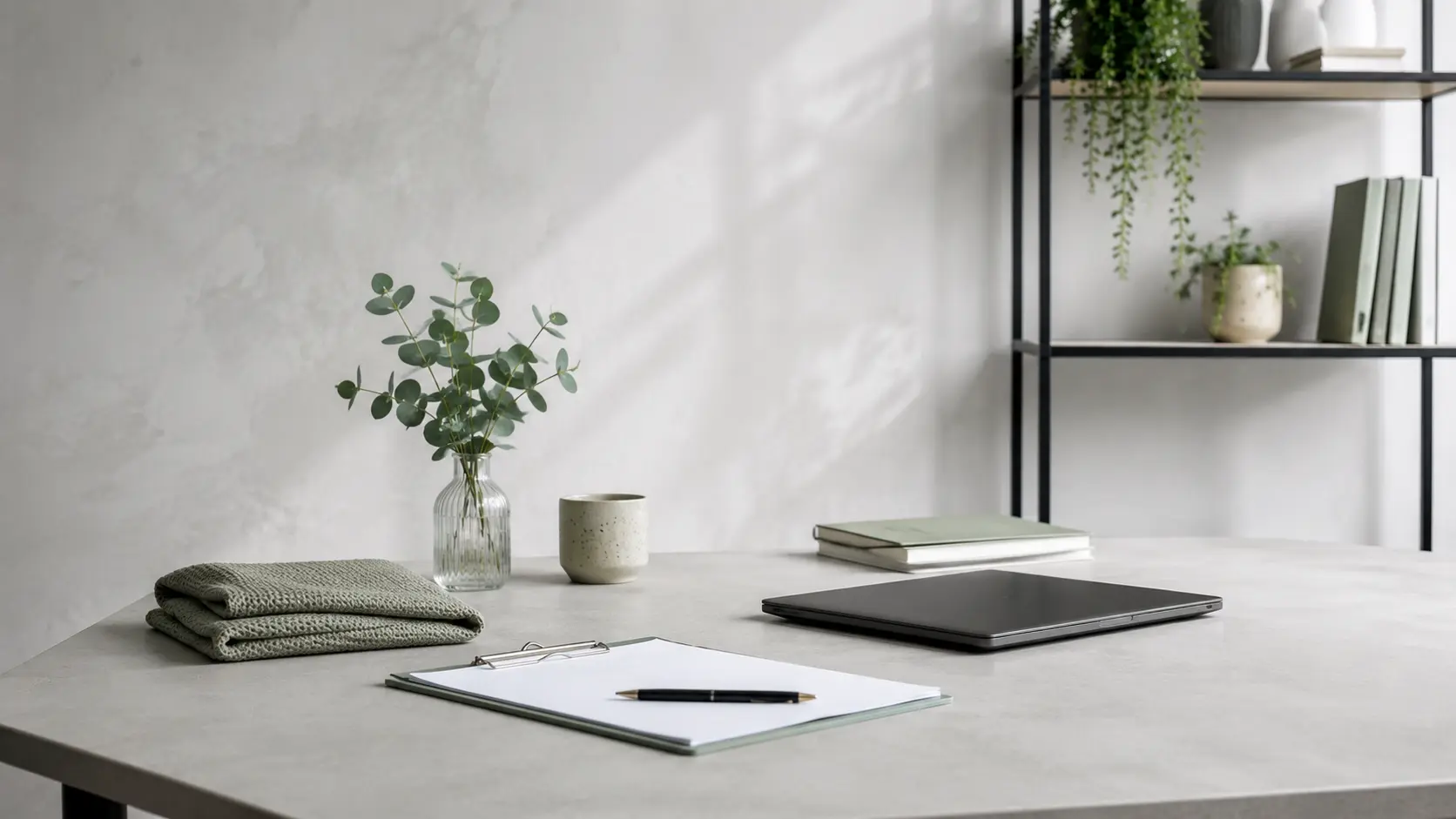 A calm professional workspace with a clipboard, laptop, folded textile, greenery and neutral desk setting