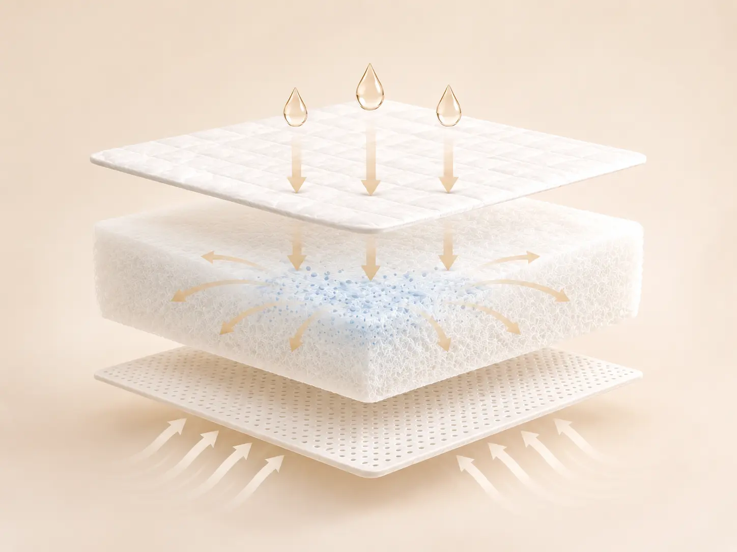 Layered absorbent core diagram showing liquid moving down and dispersing through the core with airflow beneath.