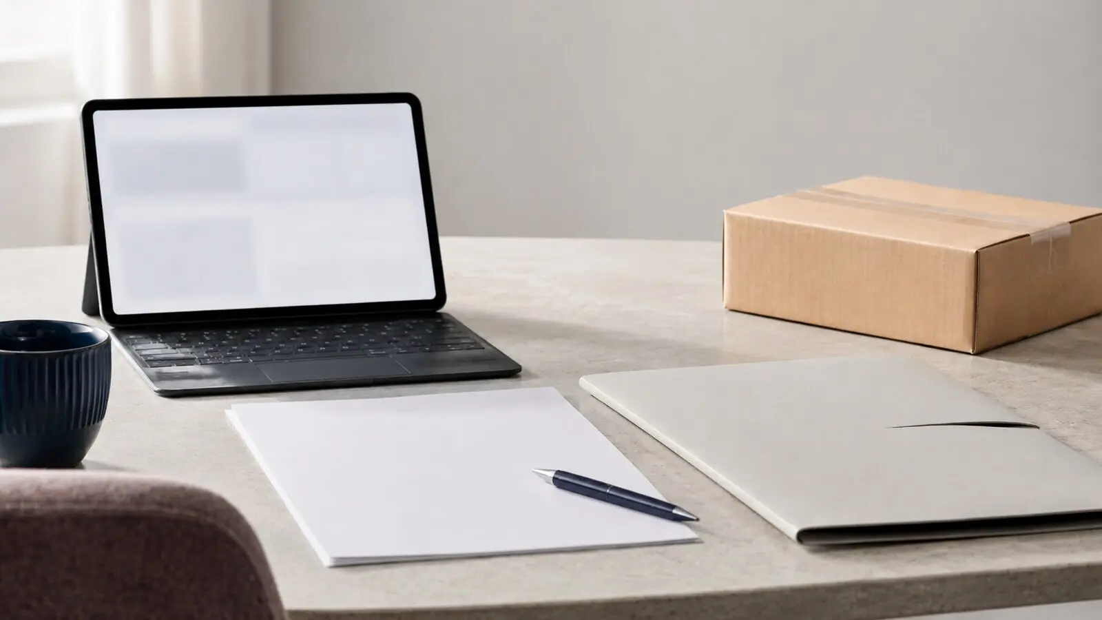 A calm desk scene with a laptop, folder, paper and parcel representing plan manager ordering and documentation support.