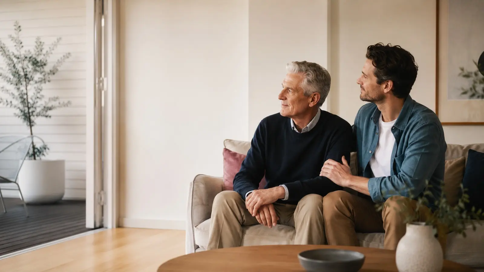 An adult son sitting beside an older parent in a calm home setting.