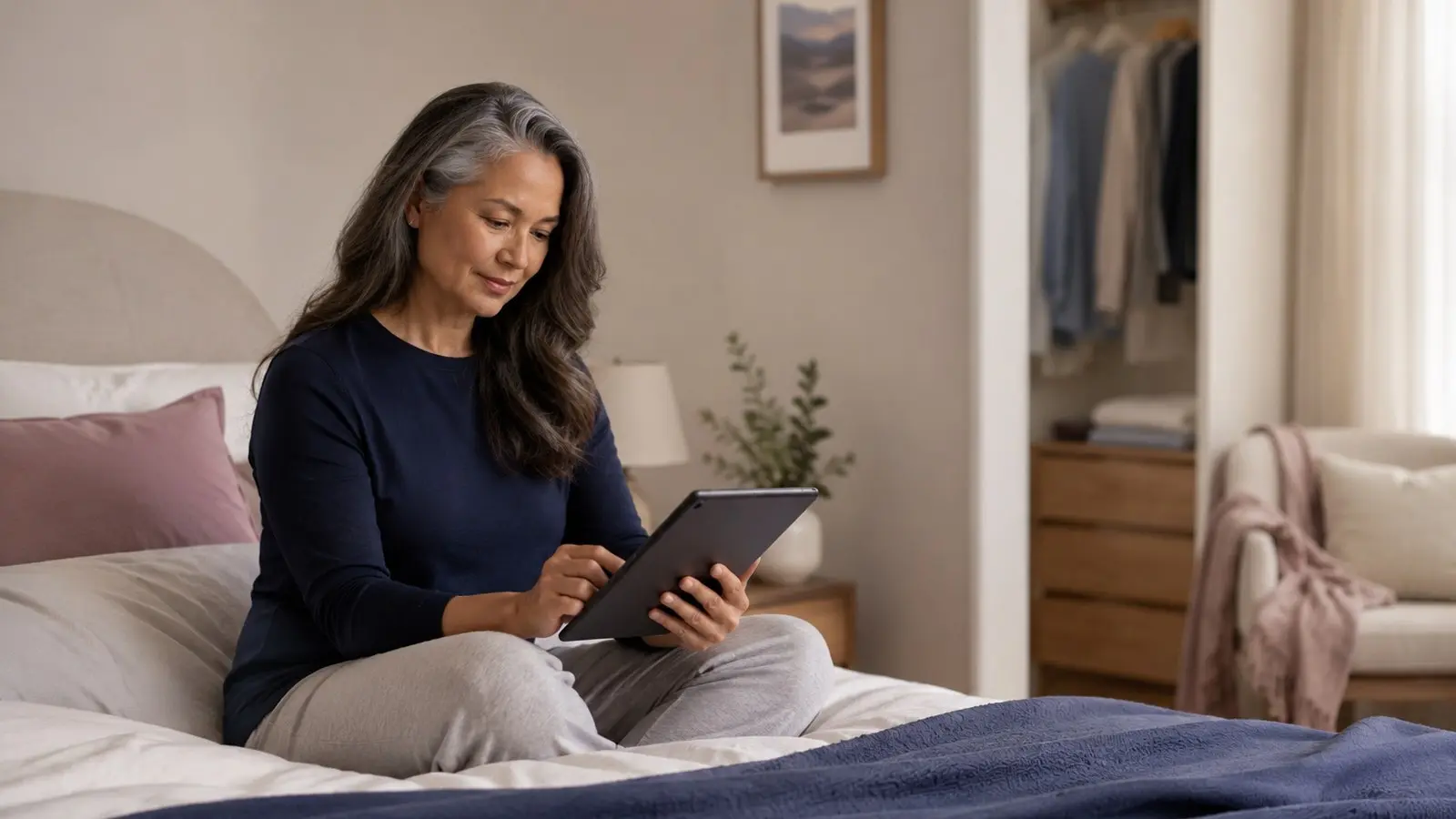 A woman sitting in a calm bedroom using a tablet while researching continence underwear options.