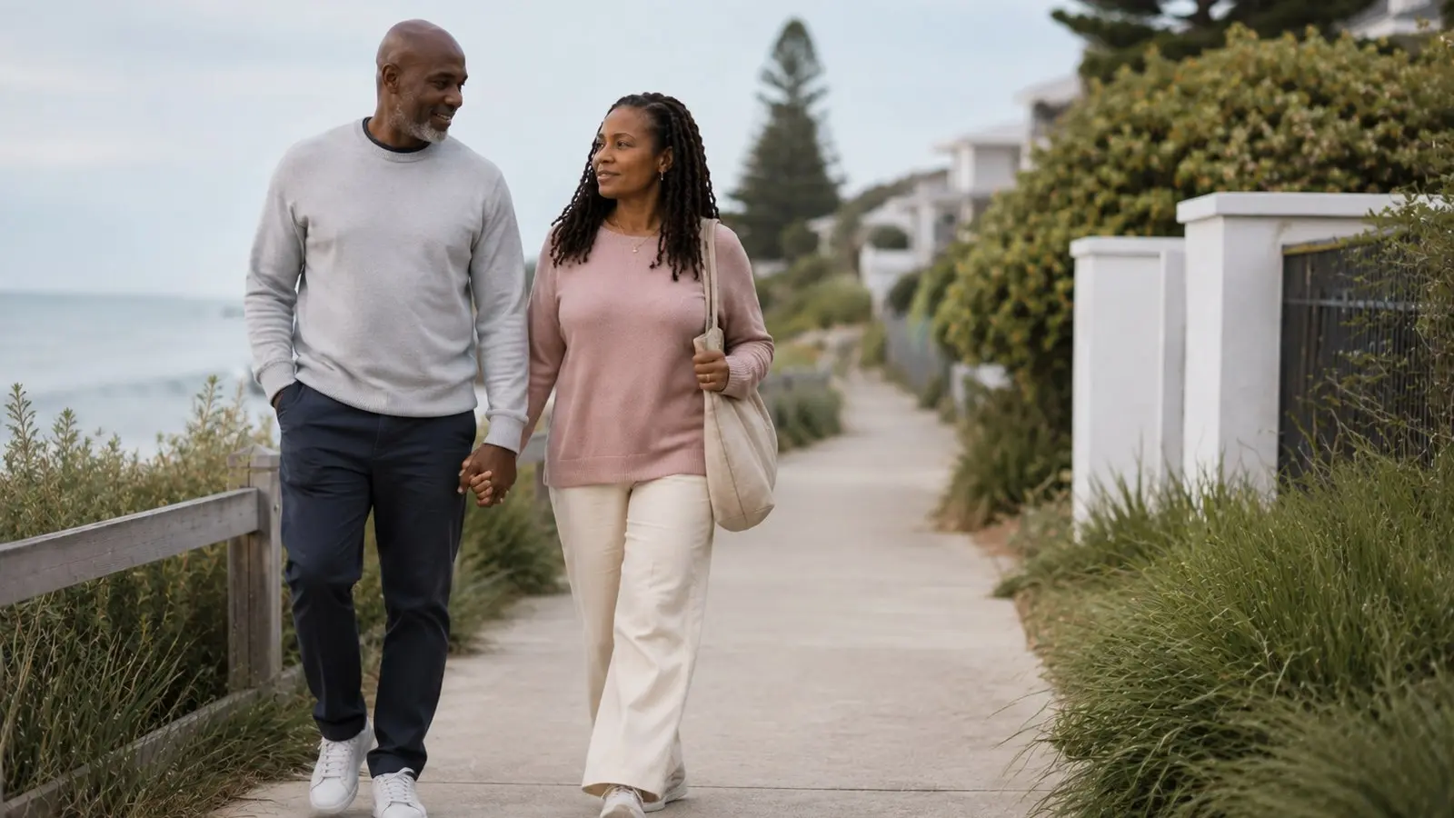 A couple walking together along a coastal path in a calm everyday setting.