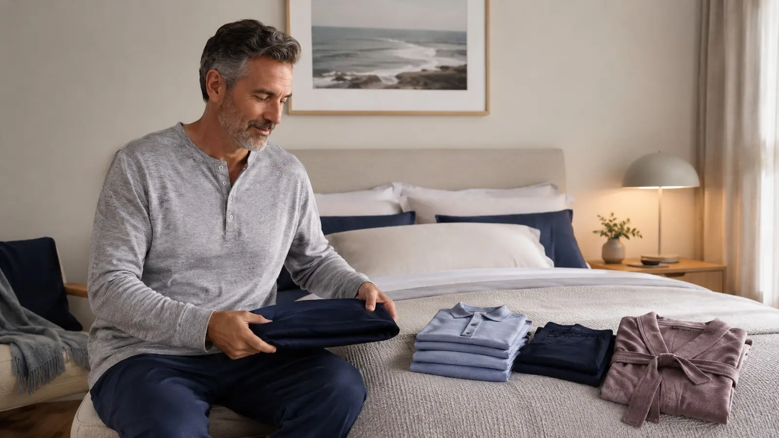 A man preparing folded clothing in a calm bedroom setting.
