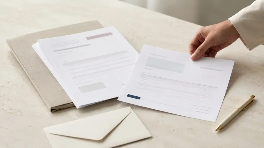 Plain order documents, a folder, envelope and pen arranged on a warm stone desk with a hand organising paperwork.