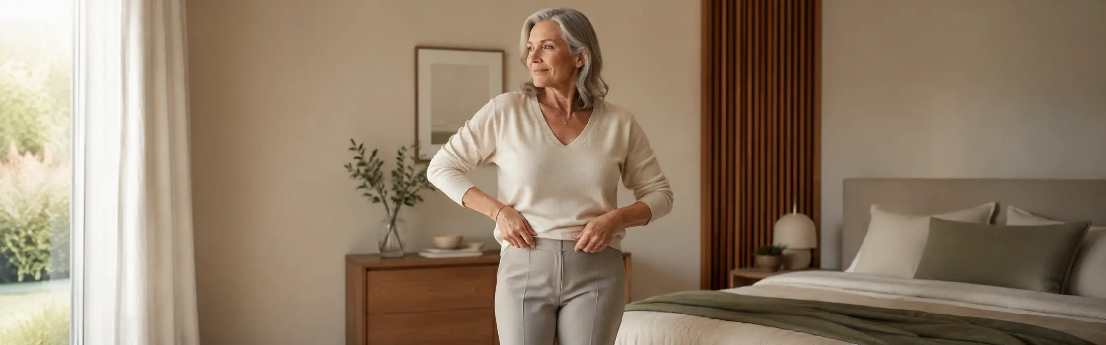 Woman getting ready at home in a softly lit bedroom