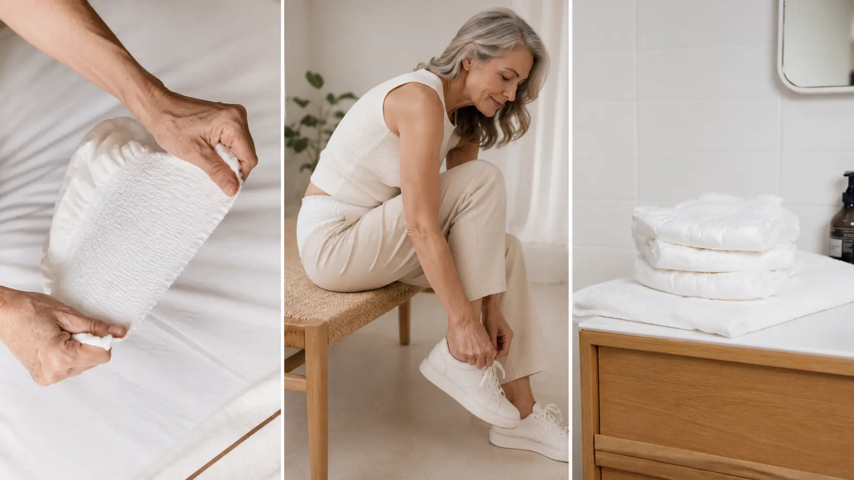 Three-panel image showing Svelte’s soft material being stretched, a woman bending to tie her shoe with the waistband visible and folded Svelte pull-ups in a bathroom.