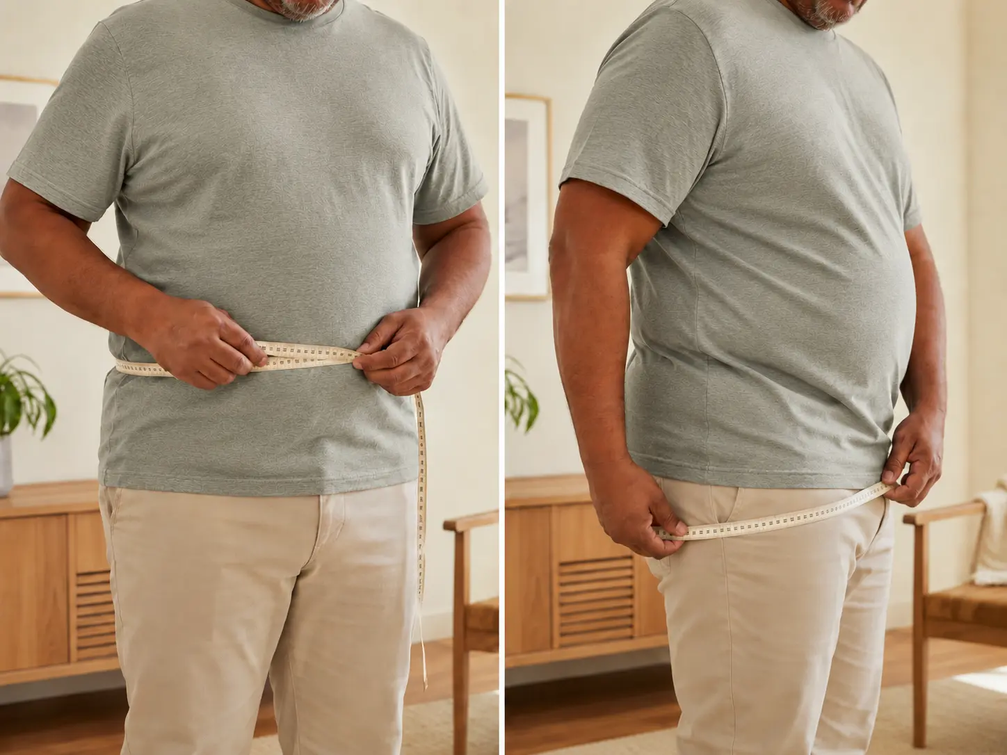 Man measuring around his waist and hips over clothing with a soft measuring tape.