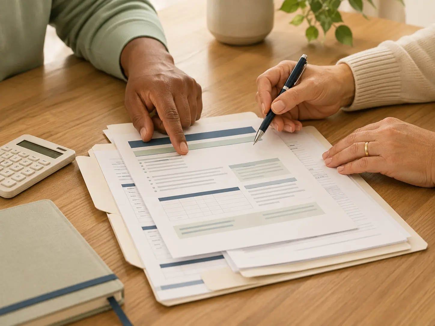People reviewing purchasing and support documents together at a timber table.