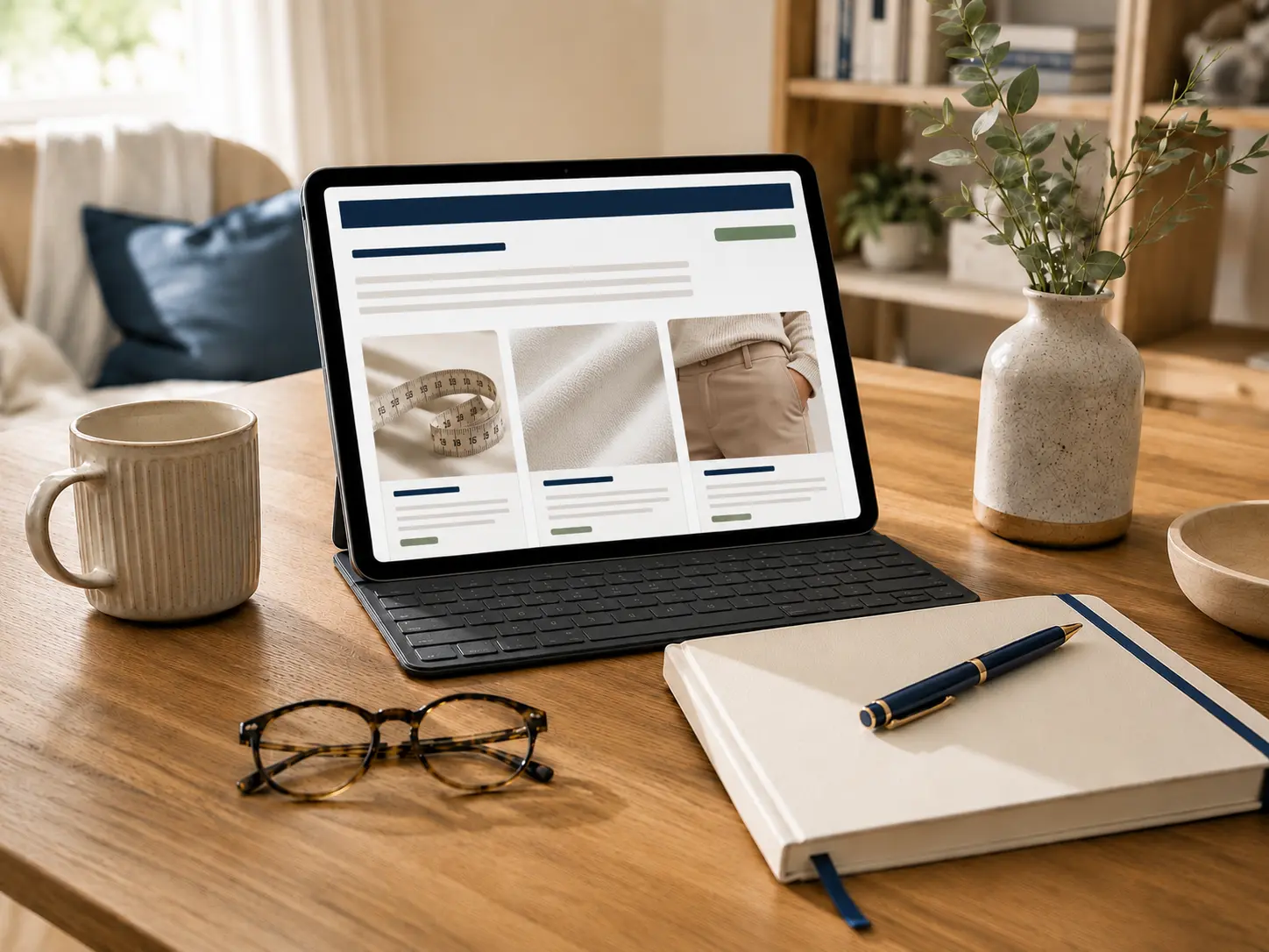 Tablet displaying guides about sizing, breathable materials and discreet everyday wear on a warm timber desk.