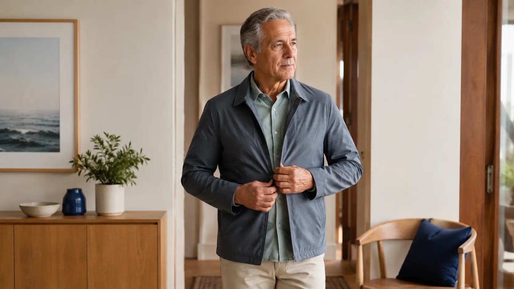 Mature man fastening a navy jacket over a sage shirt in a warm, modern home.
