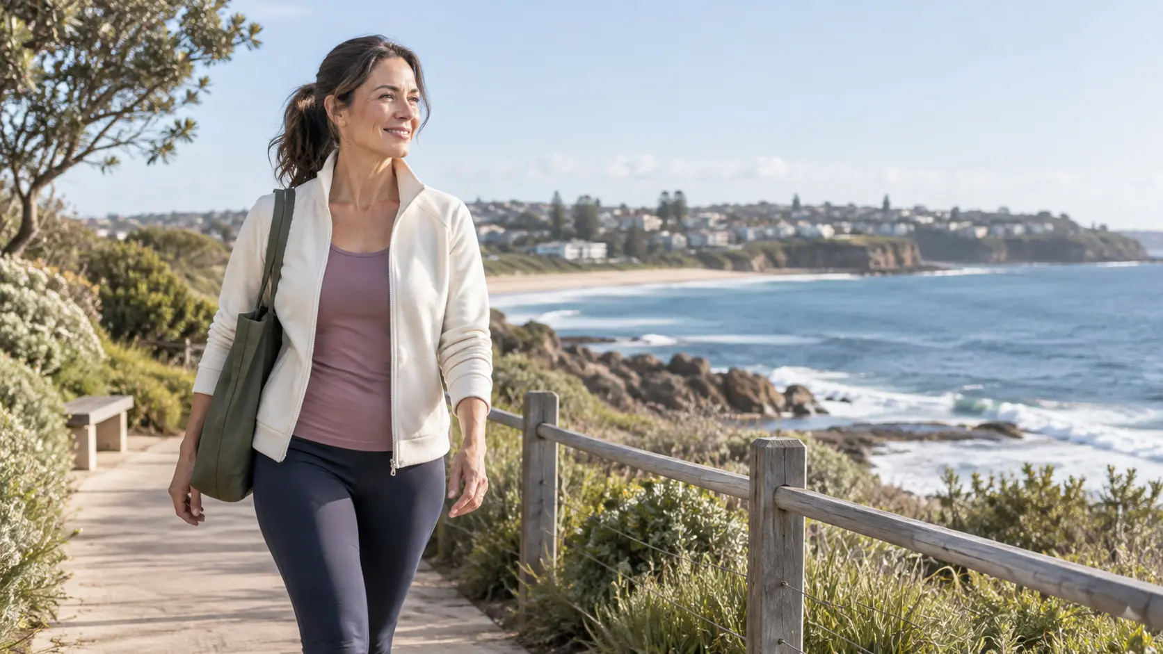 Woman walking along a coastal path during an active day