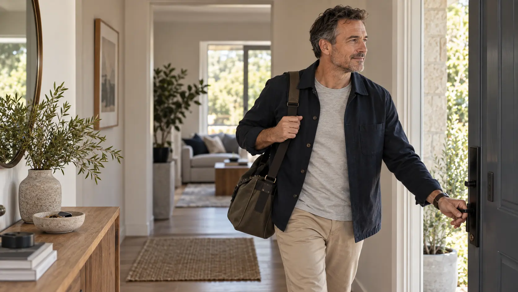 Man leaving home with a shoulder bag in an everyday lifestyle setting