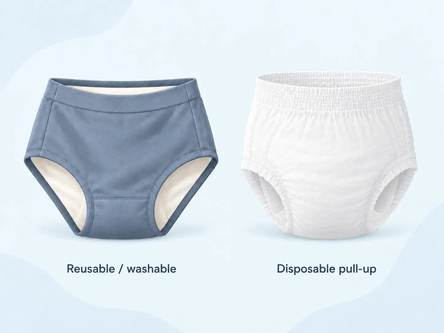 Reusable washable incontinence underwear and disposable pull-up incontinence underwear shown side by side.